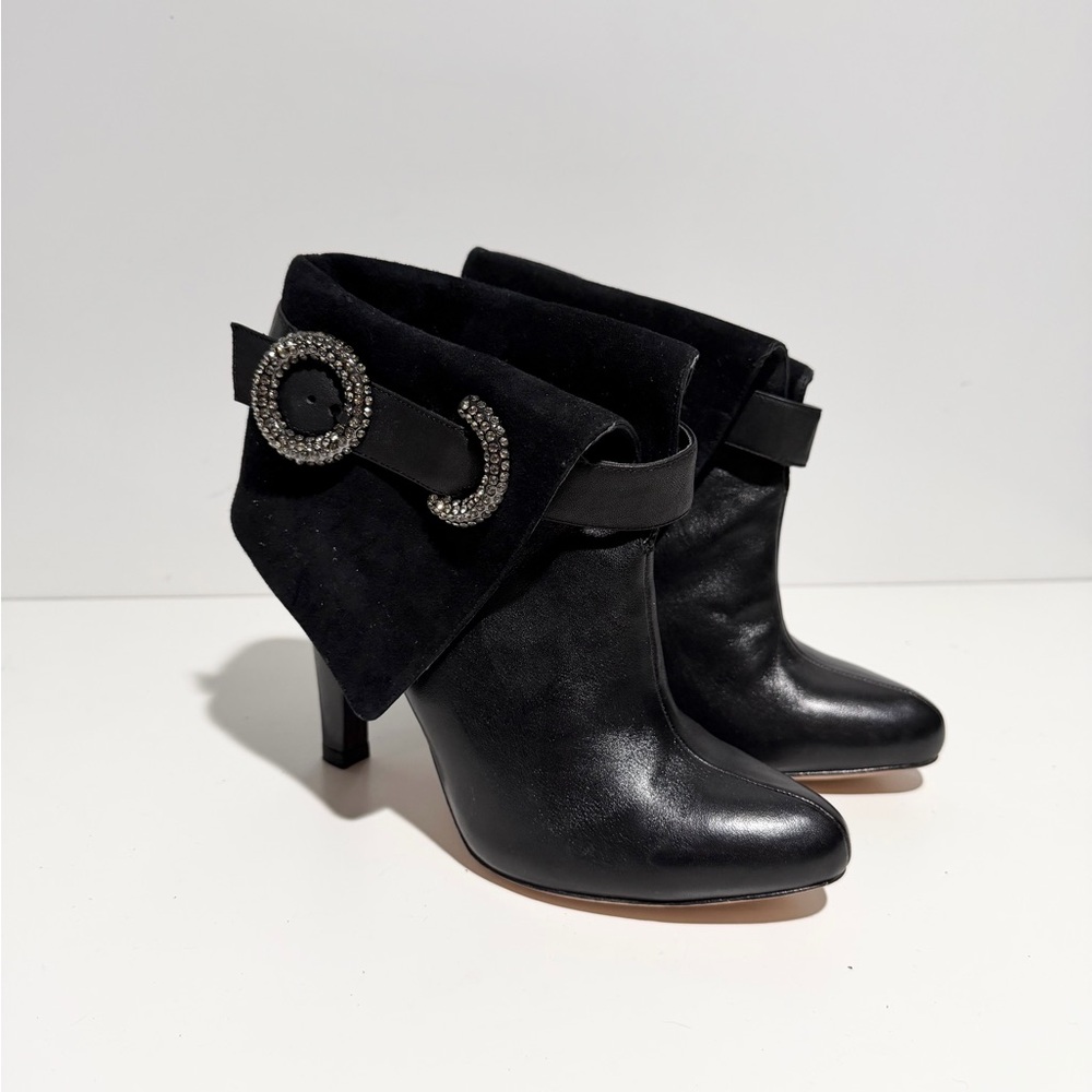 Bourne England Elegant Black Ankle Boots with‎ Embellished Buckle